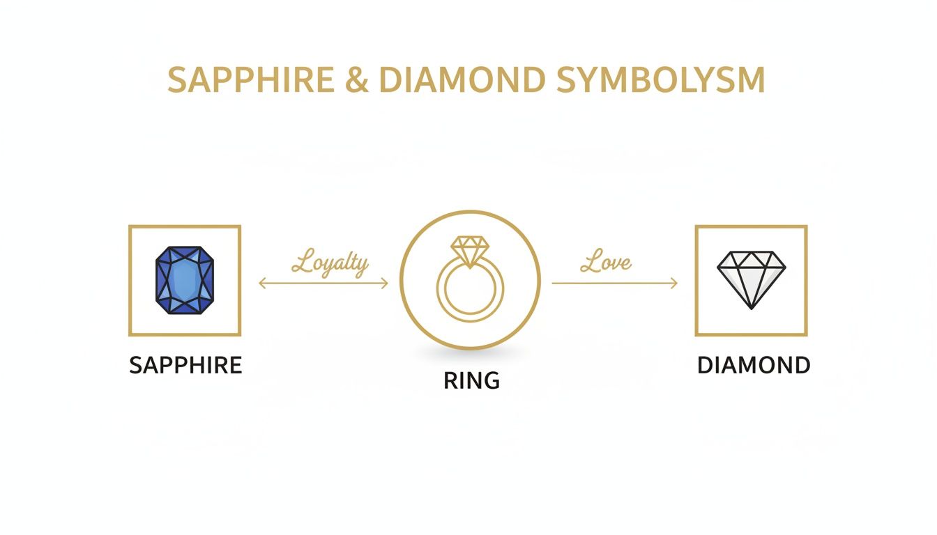 Diagram illustrating sapphire symbolizing loyalty and diamond symbolizing love, both connected to an engagement ring.