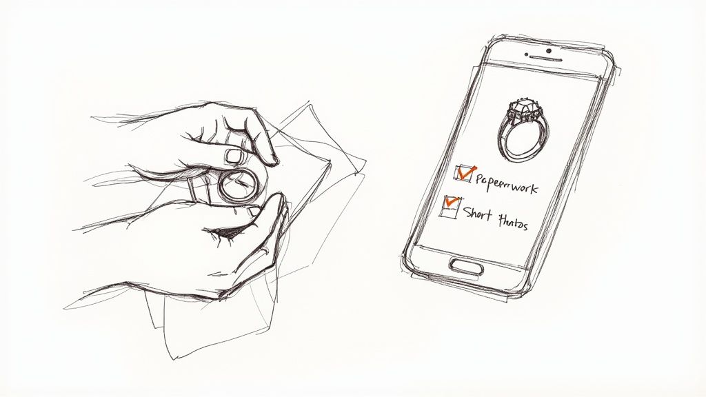 A person gently cleaning a diamond ring with a soft cloth before taking it to the jeweller.