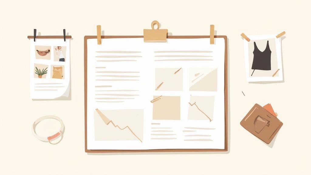 Flat lay workspace with clipboard showing charts, mood board, photos and design materials