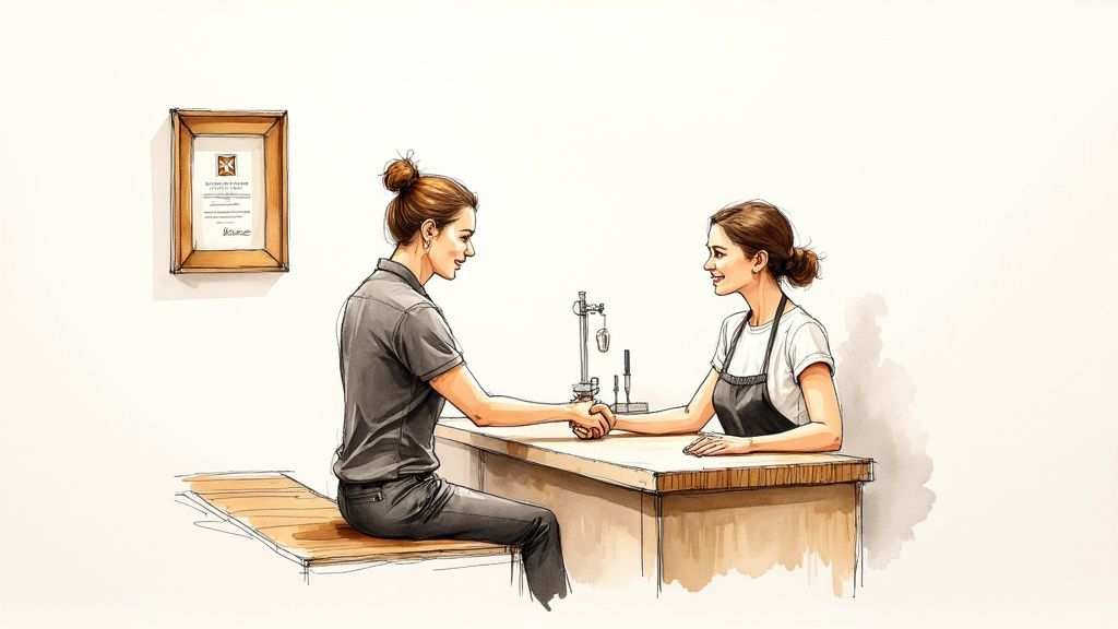 A jeweller carefully inspects an engagement ring at their workbench