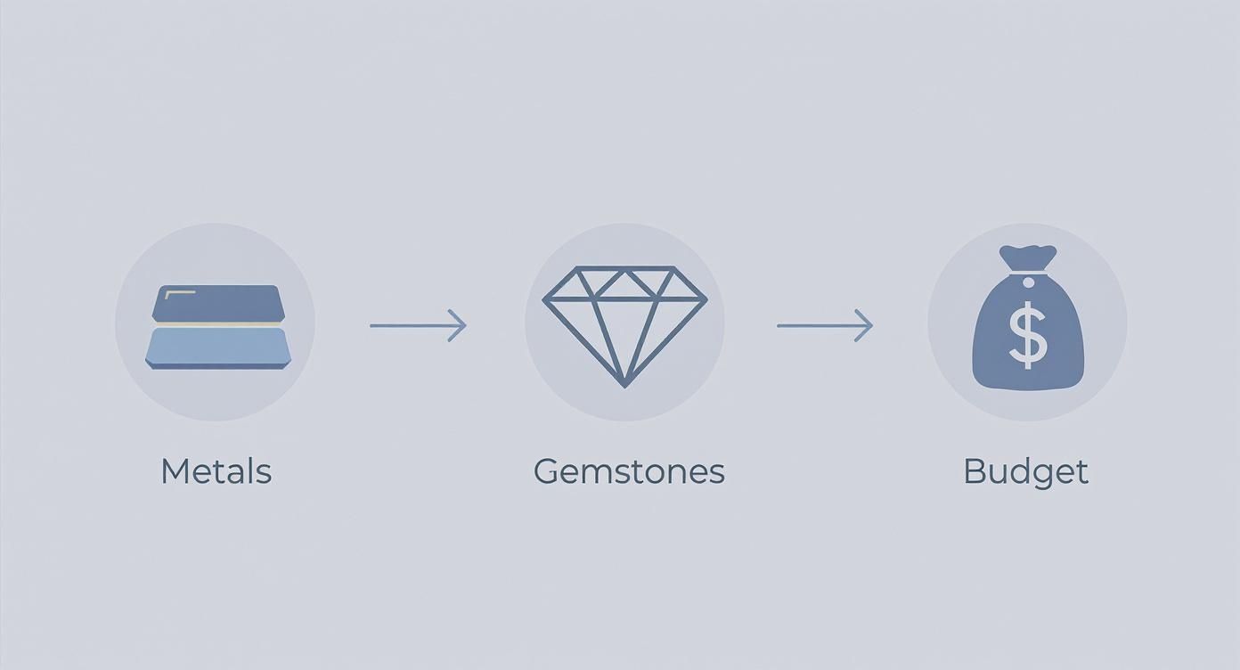 Infographic showing the process of choosing ring materials, with icons for metals, gemstones, and budget.