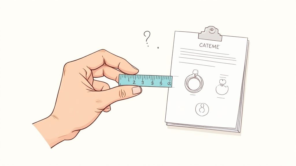 A hand holds a small blue ruler next to a paper with jewelry sketches, questioning ring size measurements.