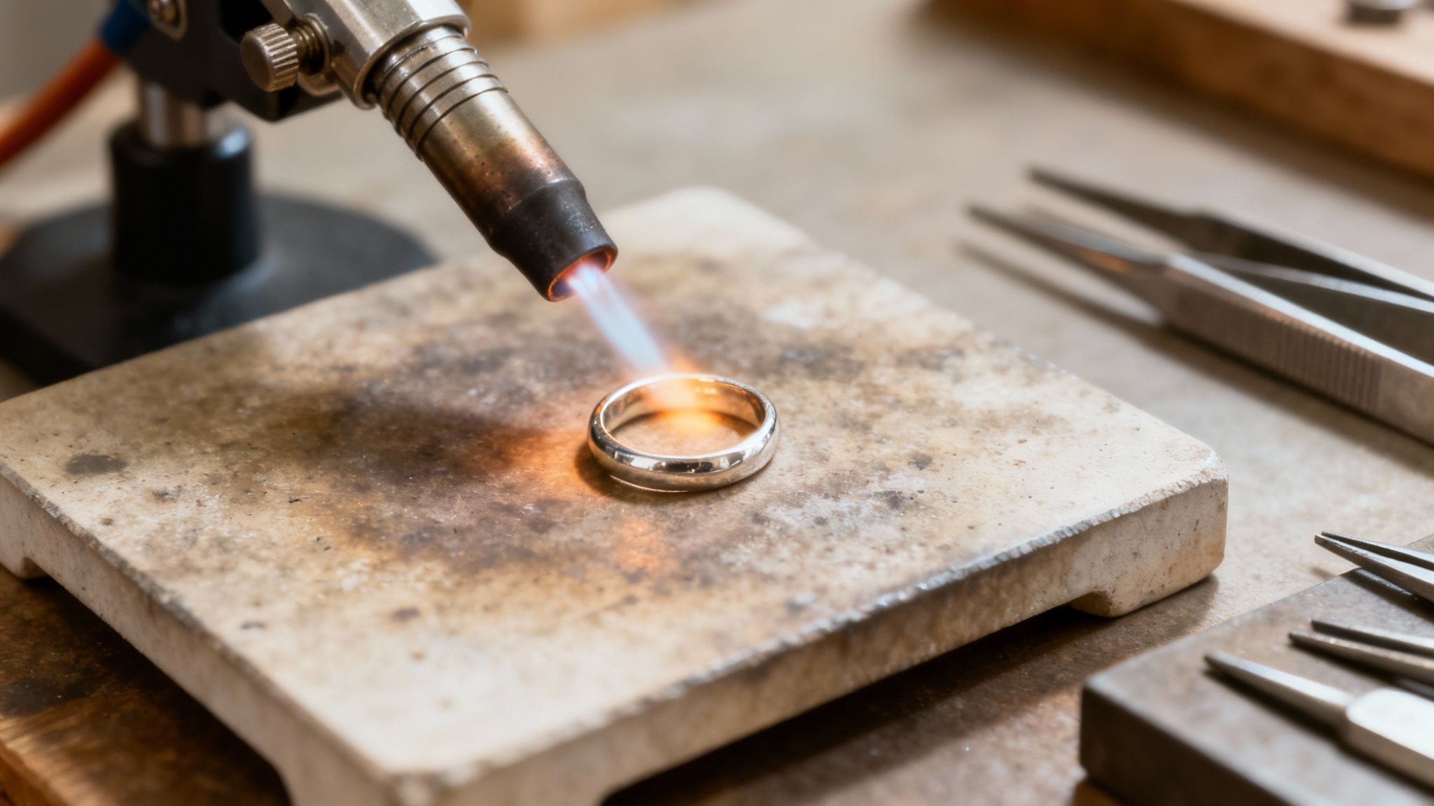 A jeweller's hands working on a ring with precision tools in a workshop.