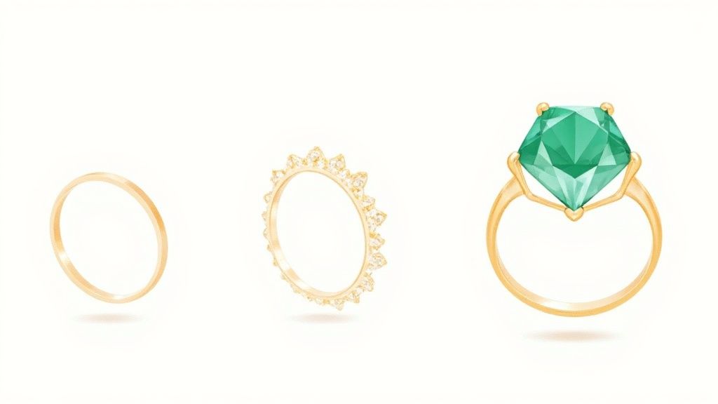 Three different gold rings: a plain band, a diamond crown ring, and a large green gemstone ring.