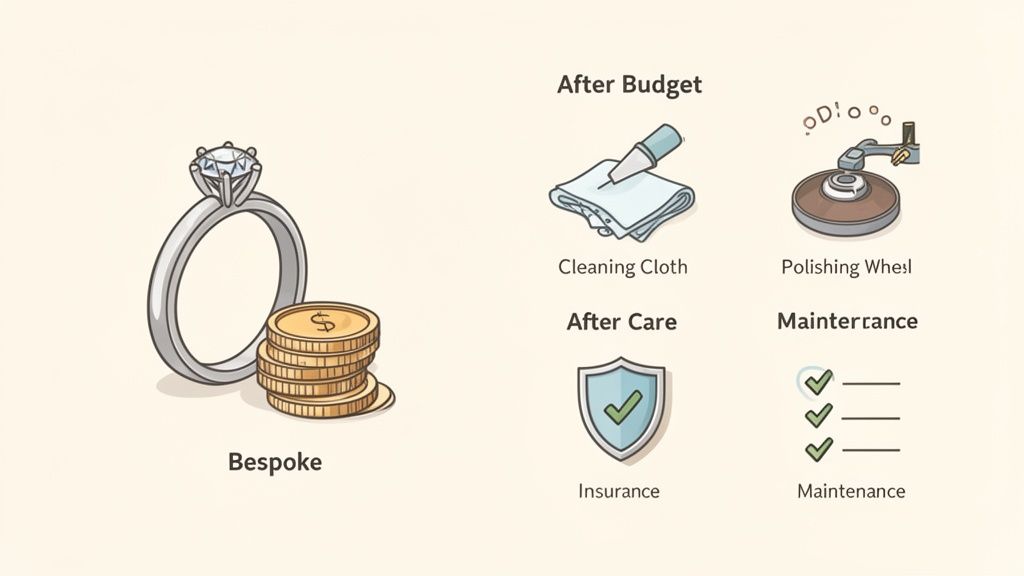 Illustration showing a diamond ring, coins, and icons for cleaning, polishing, insurance, and maintenance.