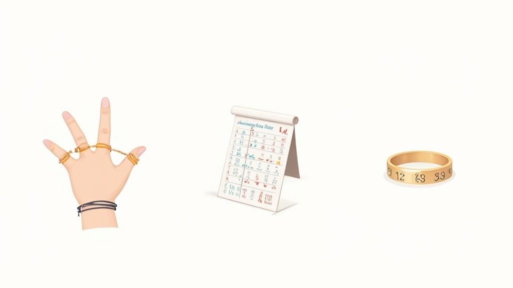 A close-up of a person's hands with several rings on, showcasing different styles and fits.