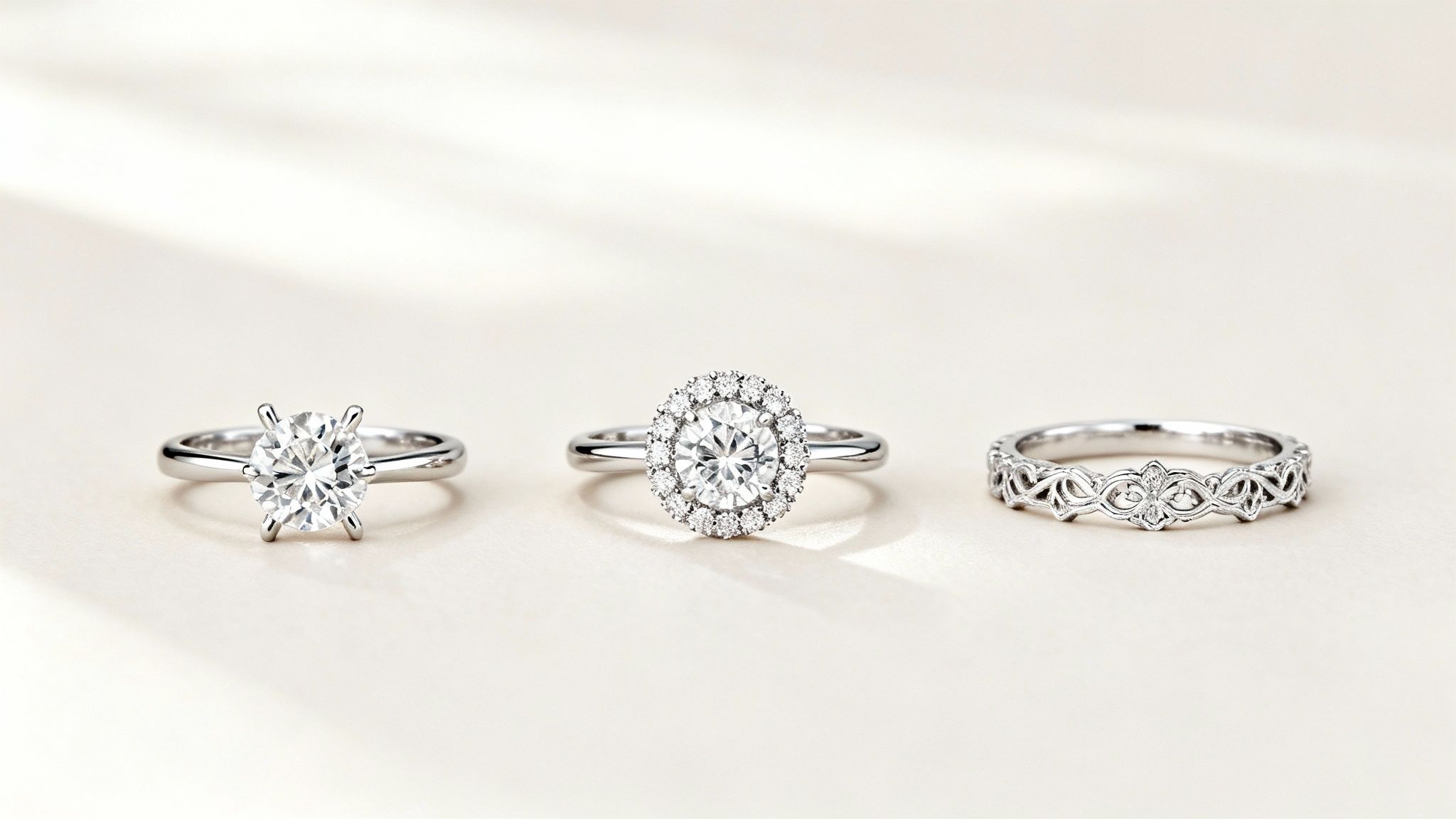 A variety of platinum engagement rings showcasing different styles, including solitaire, halo, and pavé settings.