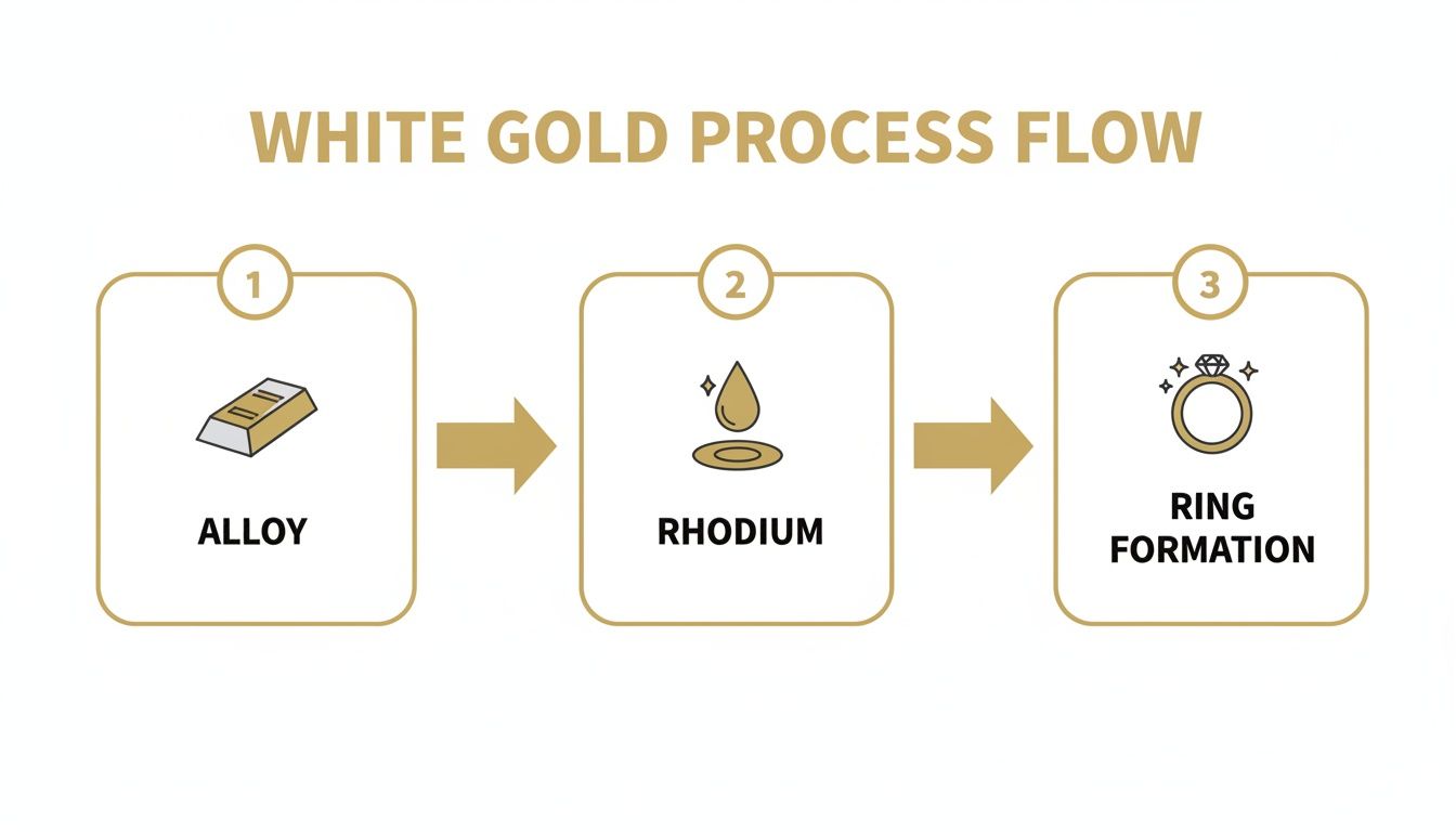 Diagram showing the three-step white gold manufacturing process: alloy, rhodium, and ring formation.