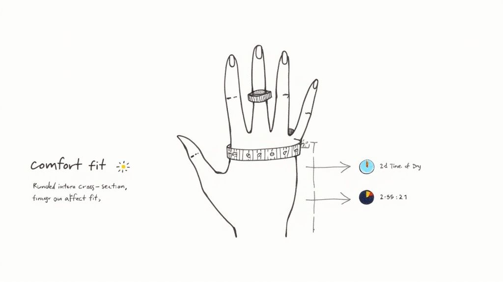 A jeweller carefully sizing a man's finger for a wedding ring