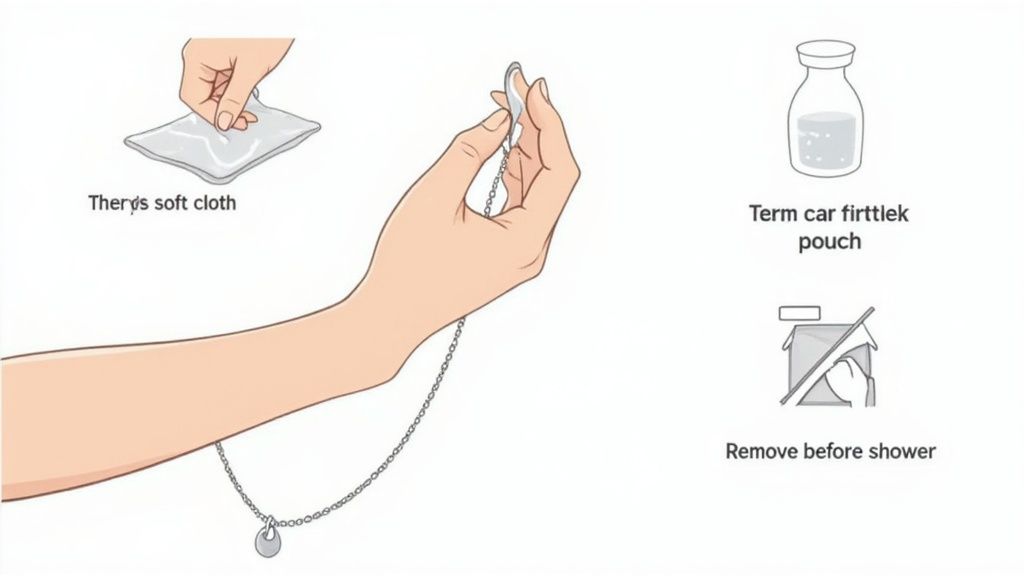 Illustration of jewelry care tips: use a soft cloth, store in a pouch, and remove before showering.