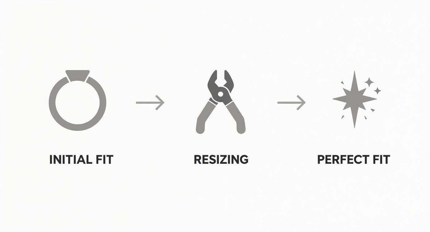 A three-step diagram illustrating ring resizing: initial fit, using pliers for adjustment, and achieving a perfect fit.