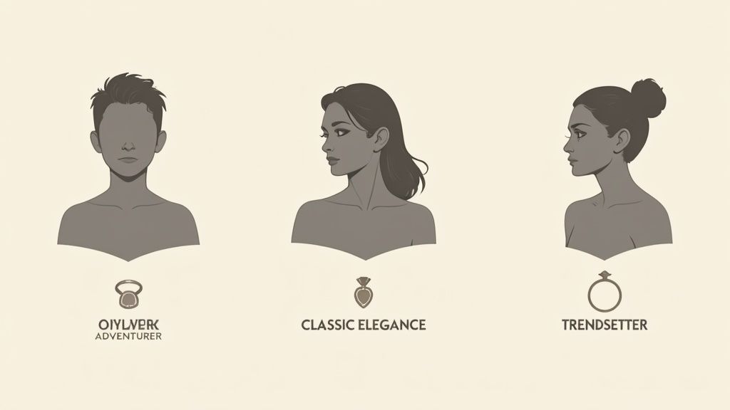 Three illustrated jewelry style personas showing different ring designs for adventurer, classic elegance, and trendsetter types