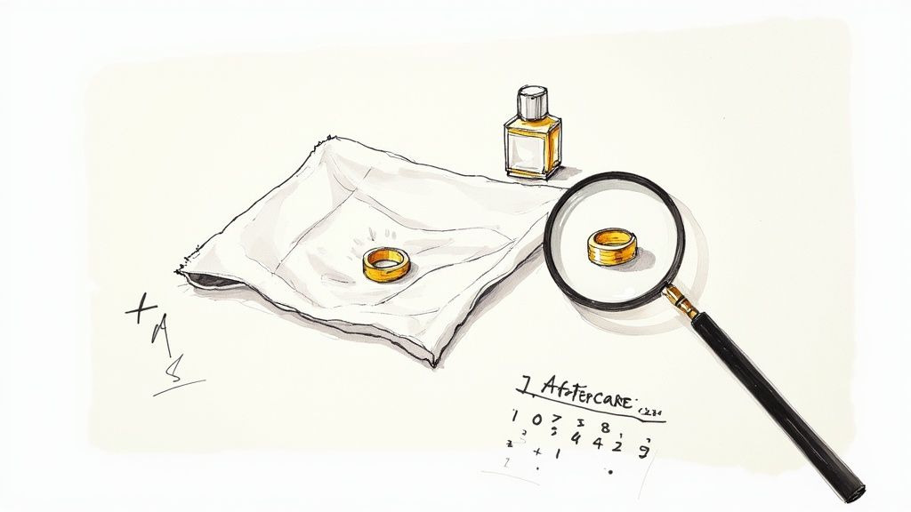 A person's hand wearing a newly resized ring, with the background softly blurred to focus on the jewellery.