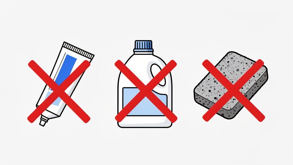 Three common cleaning items—toothpaste tube, plastic bottle, and sponge—are crossed out with red Xs.