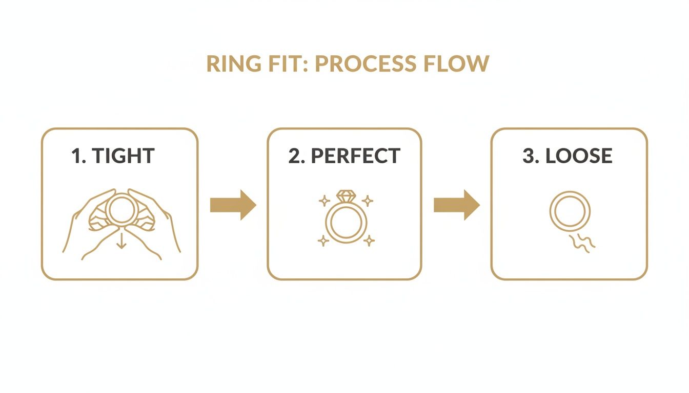 Flow chart illustrating ring fit process from tight to perfect to loose, with hands, a sparkling ring, and a wobbly ring icon.