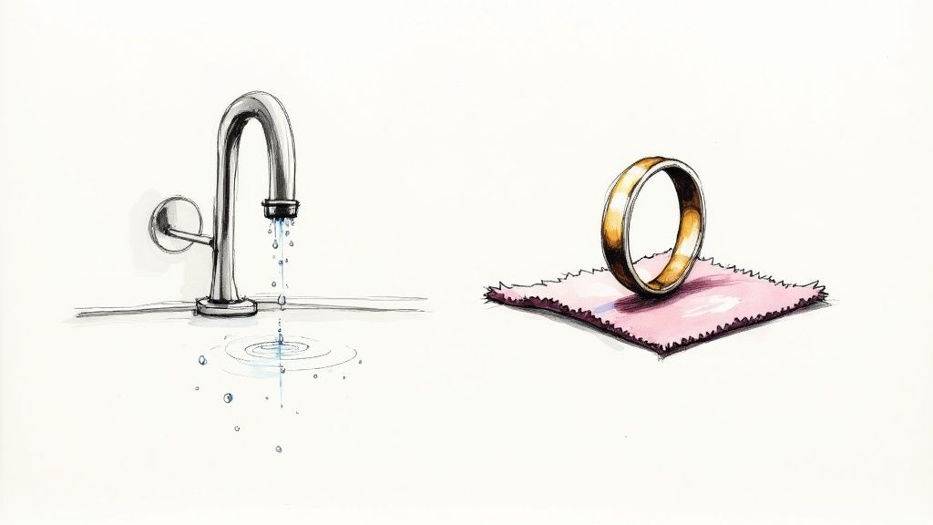 A professional jeweller carefully inspecting a diamond ring with tweezers.