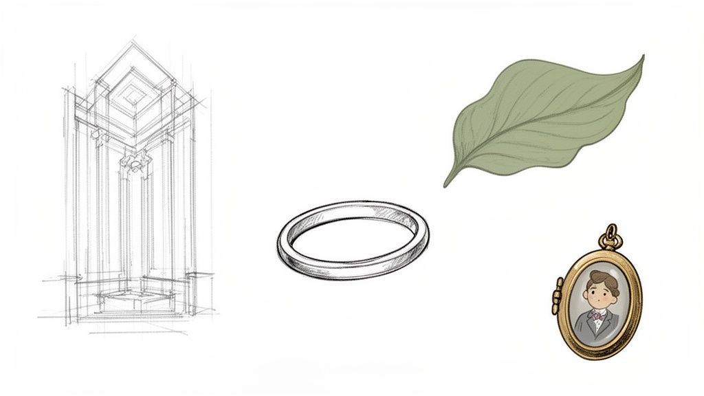 A collection of items: architectural sketch, a simple ring, a green leaf, and a locket with a man's portrait.