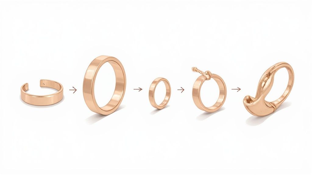 A sequence of rose gold rings transforming from an open band to a stylized, ornate design.