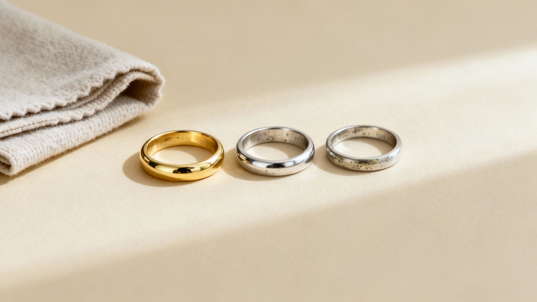 A close-up of a person carefully polishing a silver ring with a soft cloth, showing the contrast between the polished and unpolished parts.