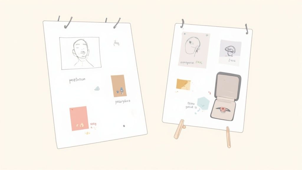 Two whiteboards show sketches of faces, abstract art, various small items, and an open ring box.