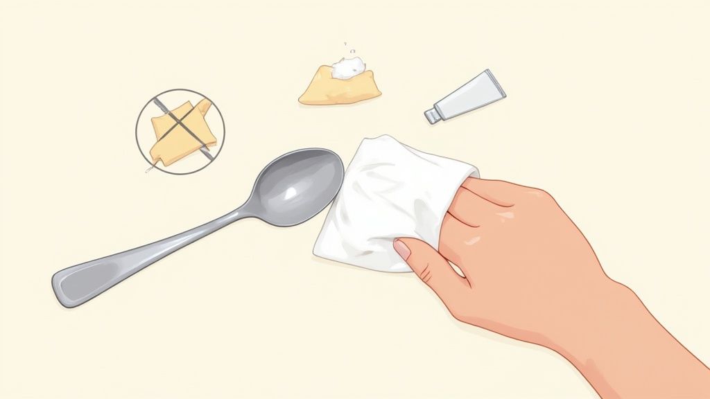 A hand polishing a silver spoon with a white cloth, alongside cleaning paste and a tube.