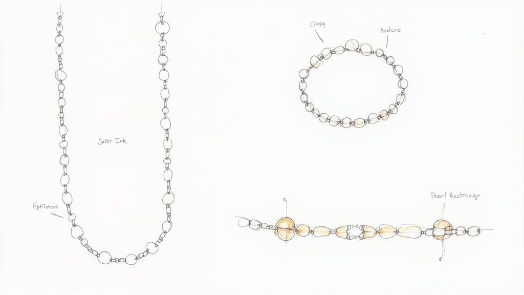 A delicate gold necklace with a broken link being held by tweezers, ready for repair on a jeweller's workbench.