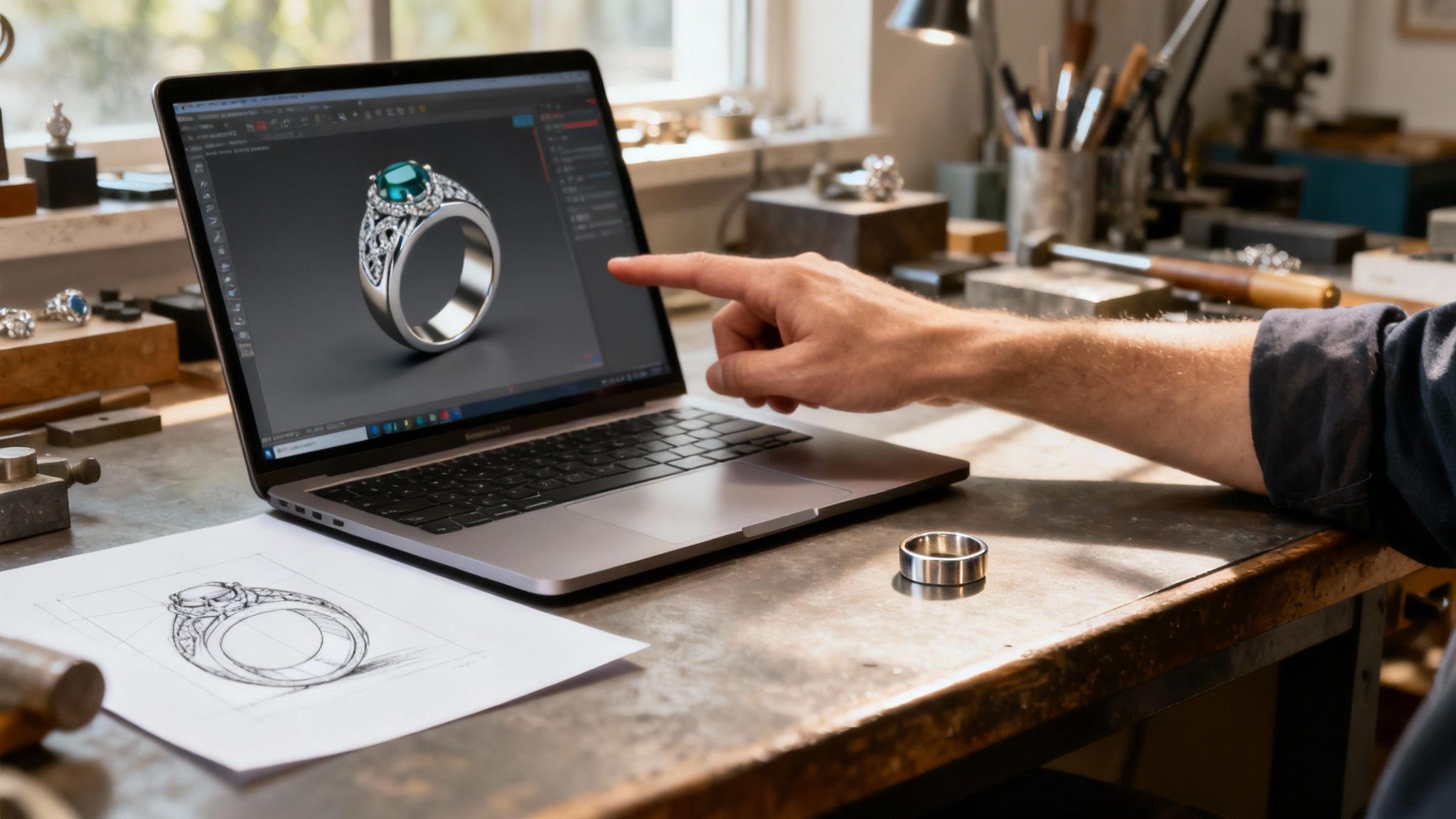 A jeweller showing a client a CAD design of an engagement ring on a computer screen