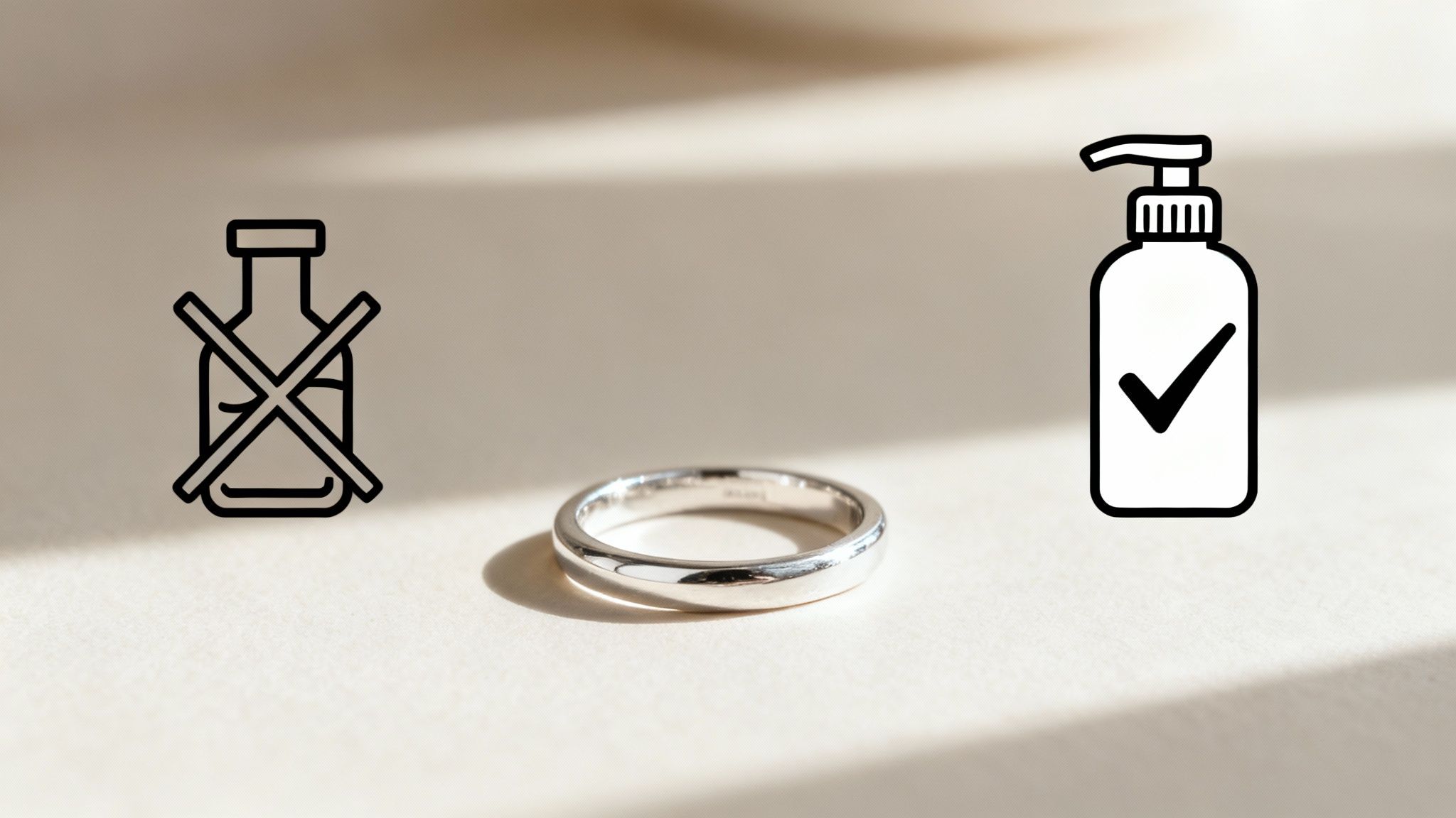 A person gently cleaning a rhodium-plated ring with a soft cloth over a wooden table.