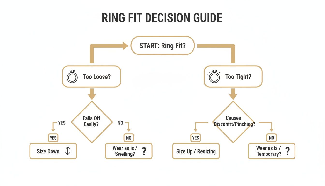 A ring fit decision guide flowchart showing steps for too loose or too tight rings.