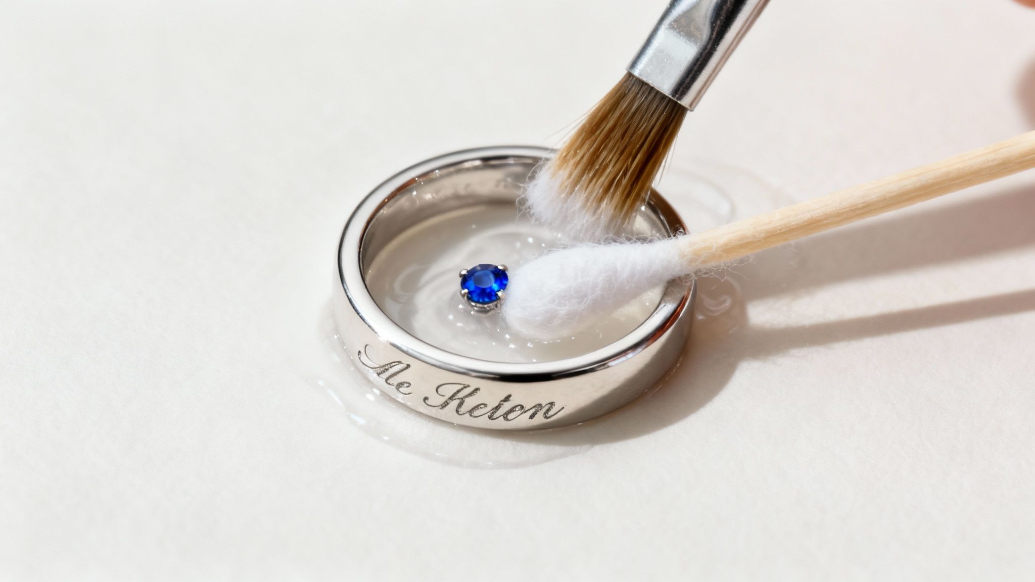 A detailed close-up of a person using a very soft brush to clean around a gemstone on an engraved ring.
