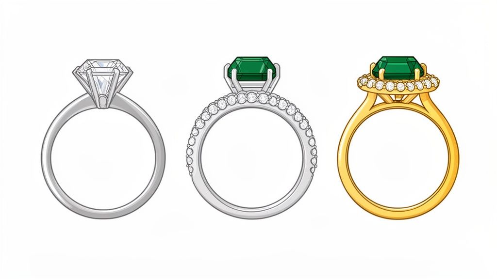 Illustrations of three emerald-cut engagement rings: a clear diamond solitaire, a paved emerald ring, and a halo emerald ring.
