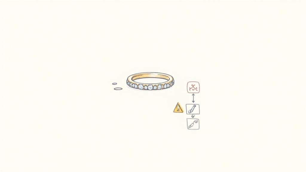 Illustration of a diamond eternity ring with icons indicating ring resizing or alteration risks.