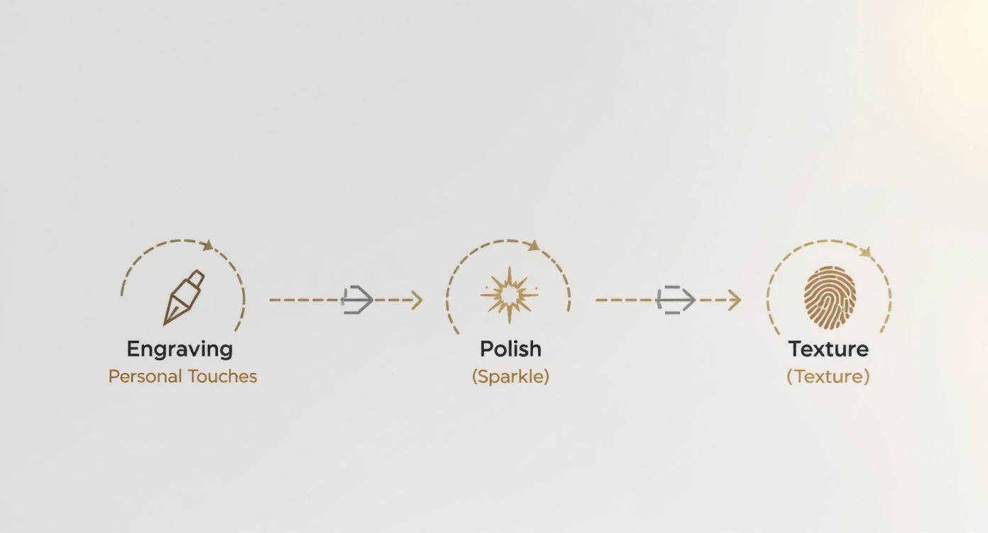 A three-step customization process diagram showing engraving, polish for sparkle, and texture application.