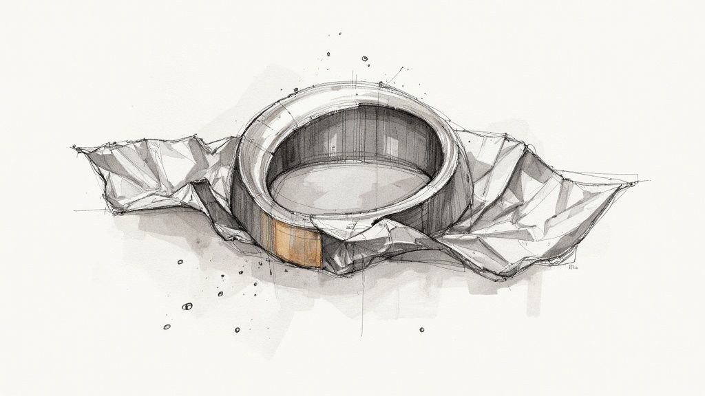 A silver ring with a blue gemstone being gently cleaned with a cloth