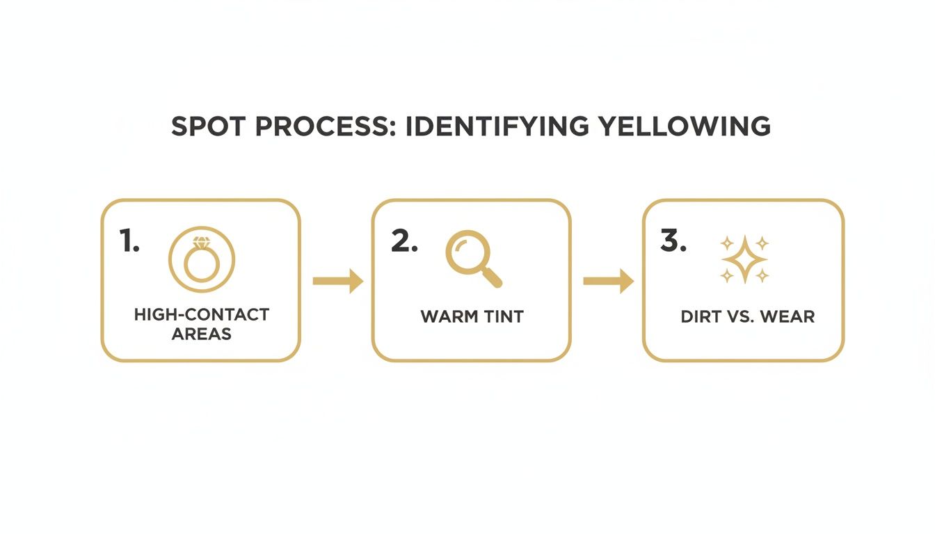 Infographic detailing the spot process for identifying yellowing, including high-contact areas, warm tint, and dirt vs. wear.