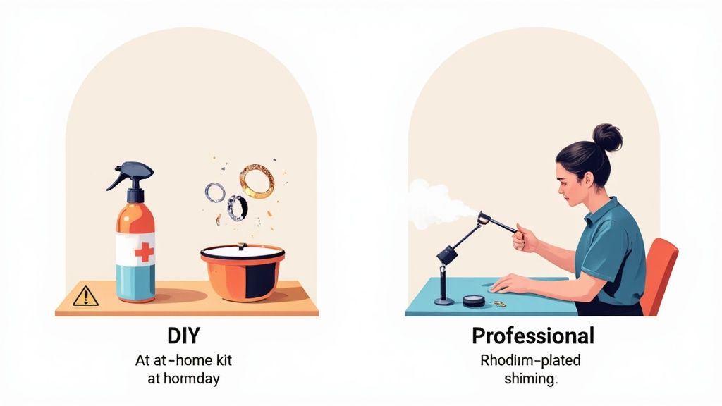 Comparison of DIY home jewelry cleaning kit with a professional rhodium plating service.