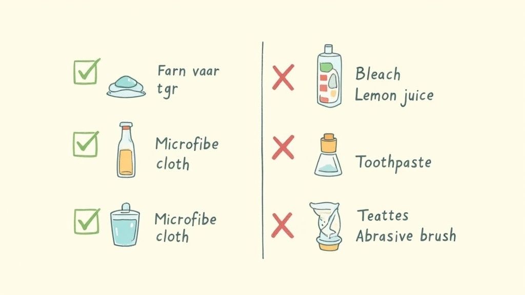 An illustration showing safe and unsafe methods for cleaning delicate items like gold jewelry.
