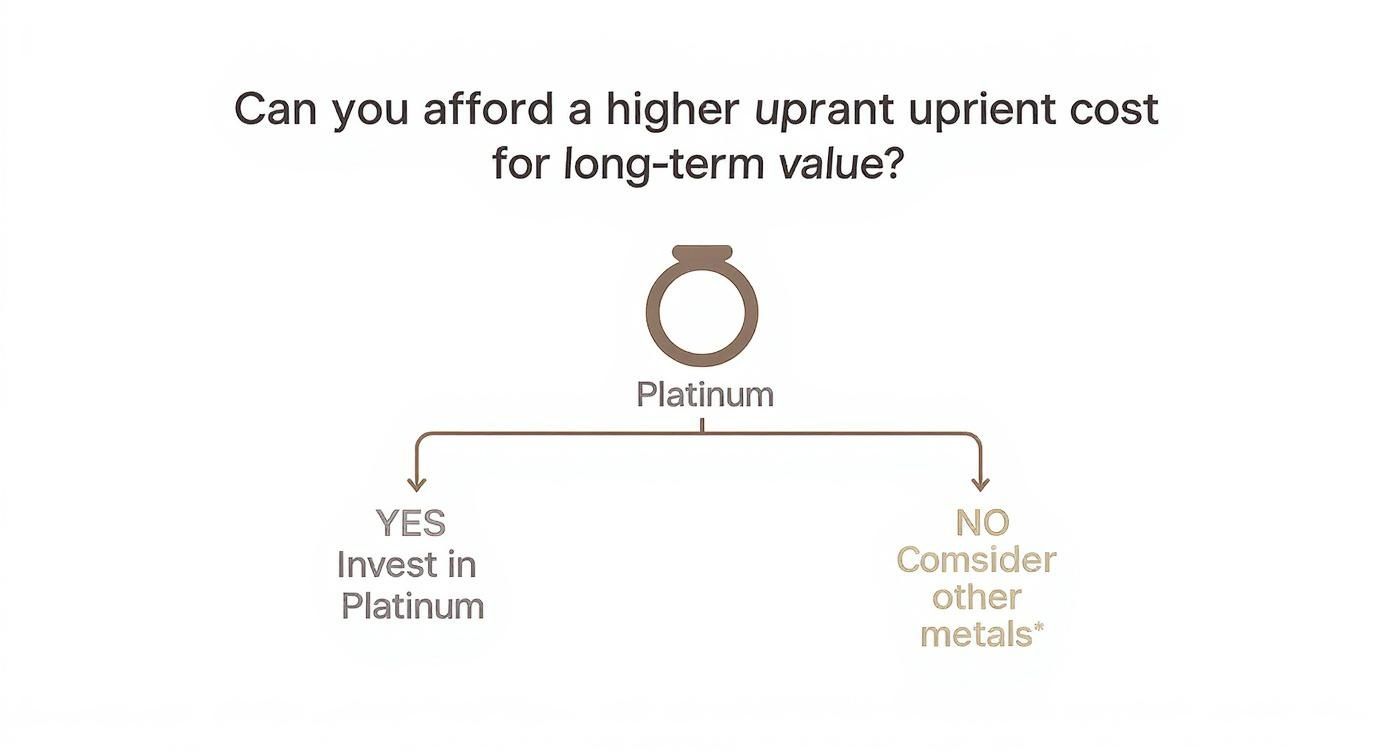 Infographic showing a decision tree about the cost and value of a platinum engagement ring.
