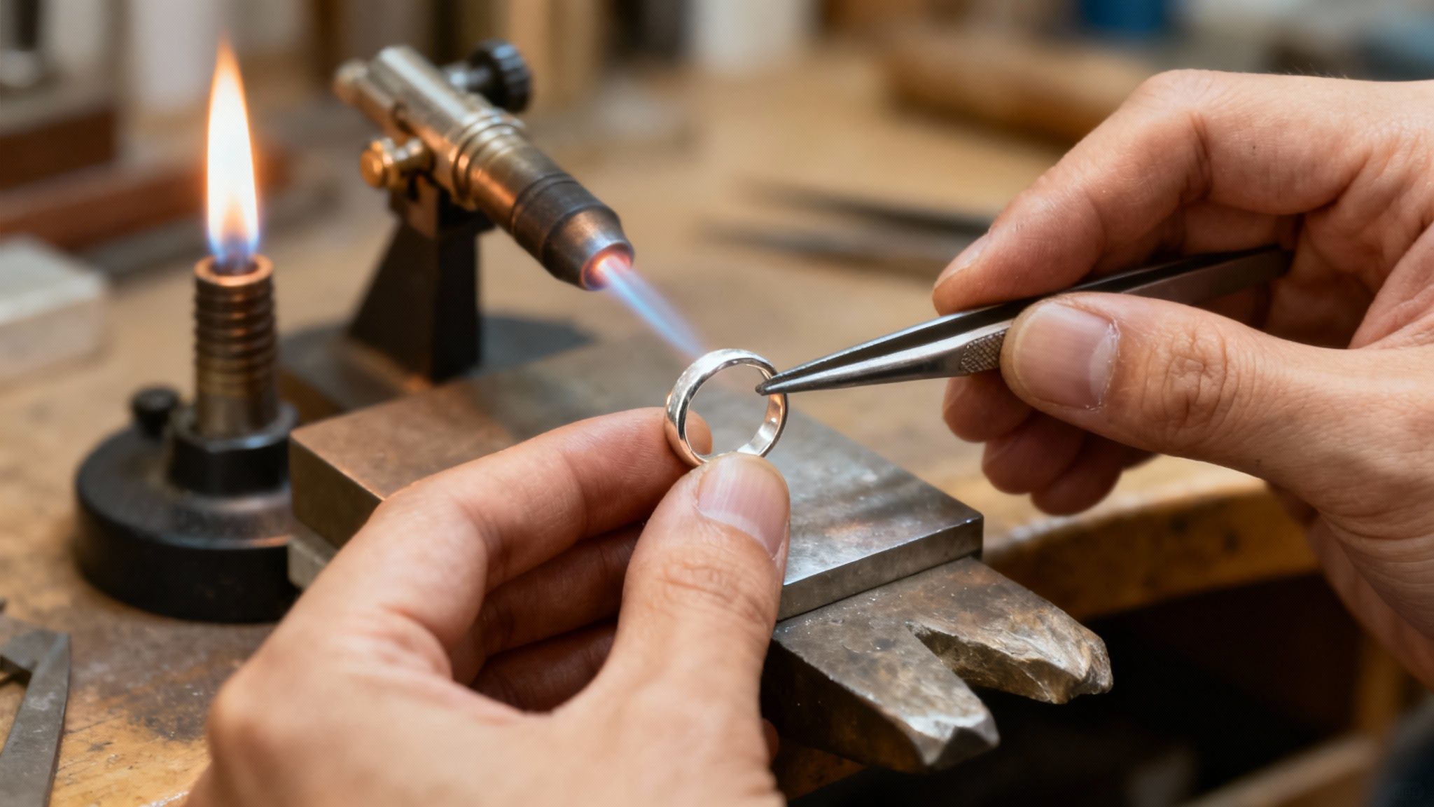 A jeweller's hands working meticulously on a gold ring at a workbench, with specialised tools surrounding the piece.