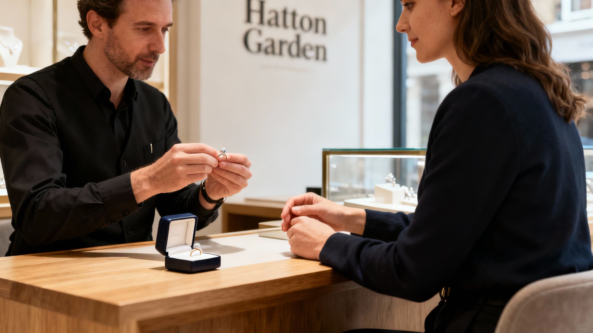 A skilled jeweller carefully inspecting a ring at a London workshop.