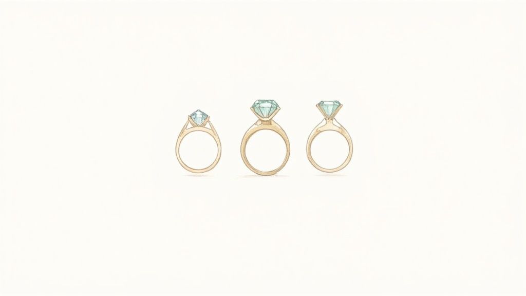 Illustration of three gold rings with varying sizes of light blue diamond-shaped gemstones.