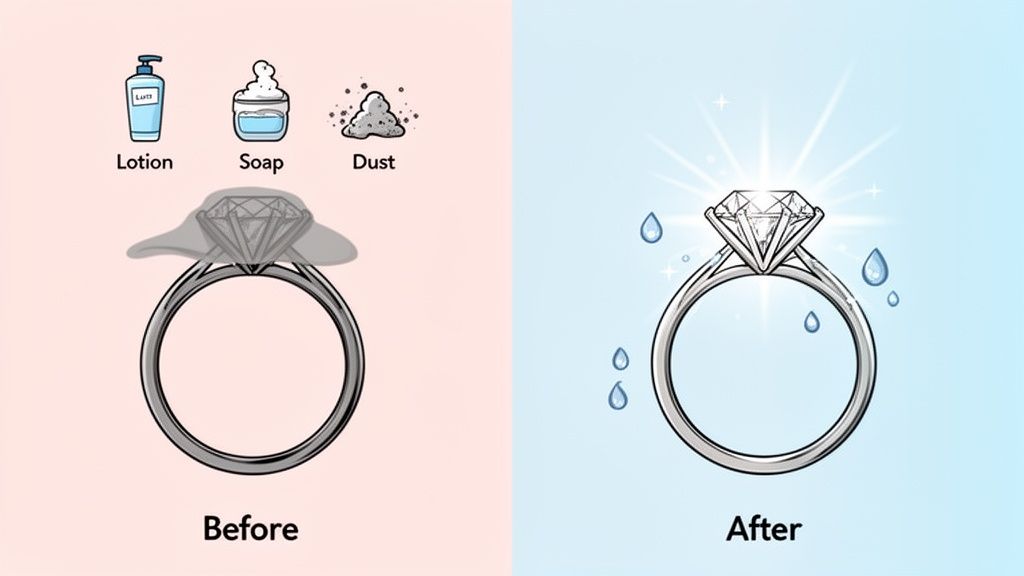 A before-and-after image showing a dull diamond ring covered in soap, lotion, and dust, then sparkling clean after washing.