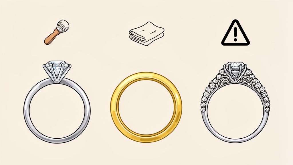 An infographic displaying a brush, cloth, warning sign, and three different diamond and gold rings for care instructions.