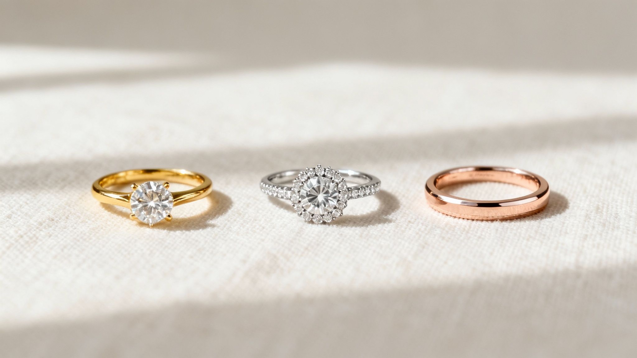 A collection of different engagement ring styles laid out on a soft, neutral background.