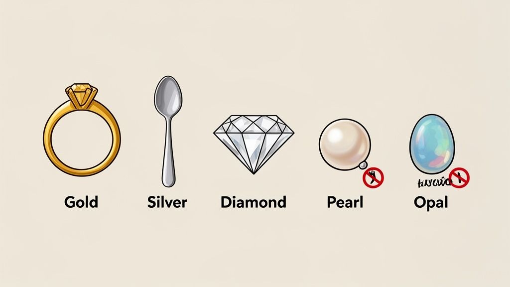 Illustrations of gold, silver, diamond, pearl, and opal, with warnings against harsh cleaning for pearl and opal.
