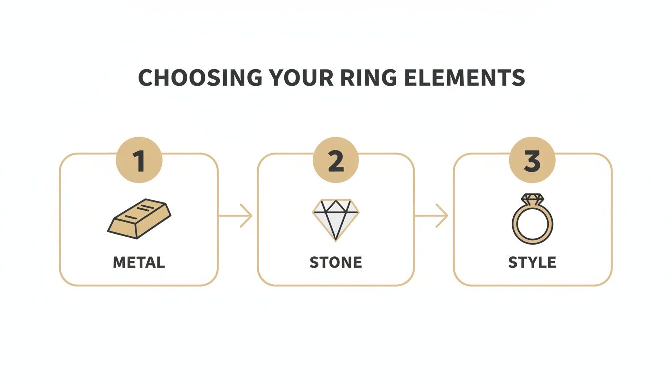 Visual guide outlining three steps for custom ring design: metal, stone, and style selection.