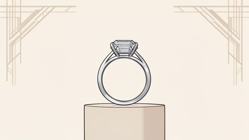 Elegant emerald-cut diamond engagement ring displayed on a pedestal against an Art Deco background.