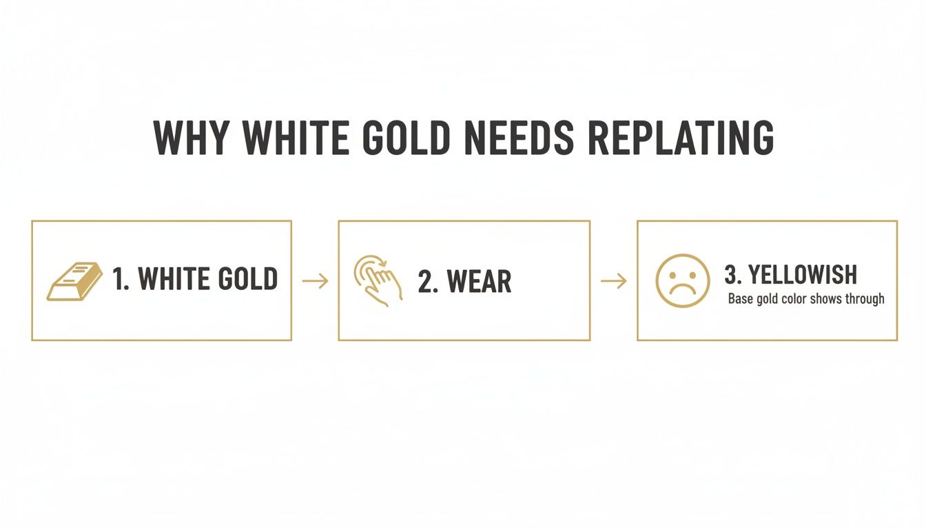 Diagram showing the three-step process of white gold wearing down to reveal its yellowish base.