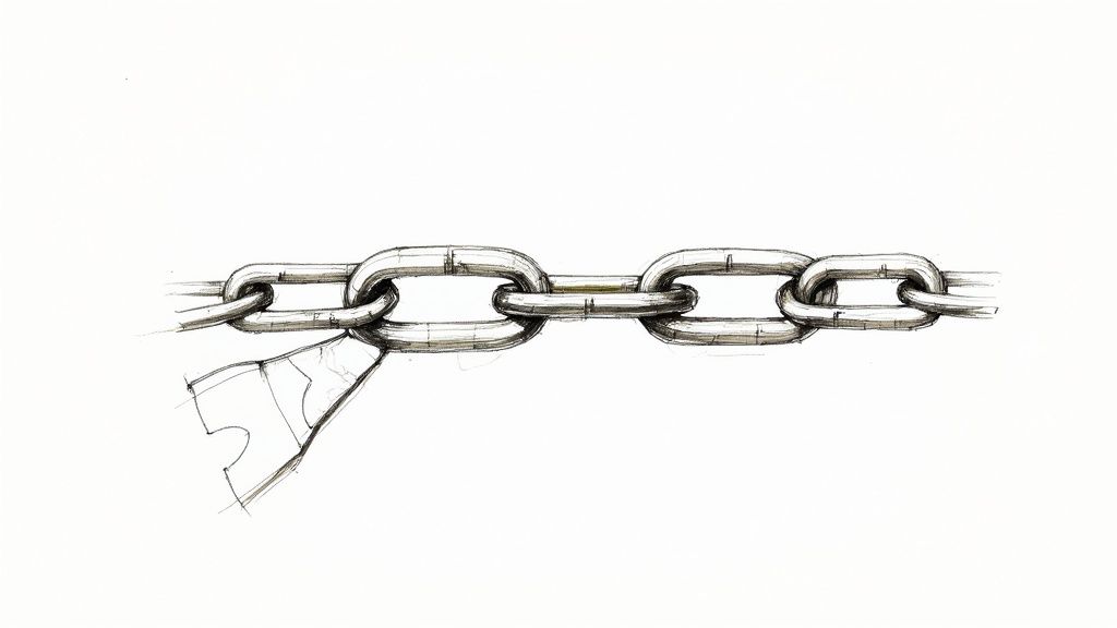 A close-up view of a broken silver necklace link lying on a dark surface.