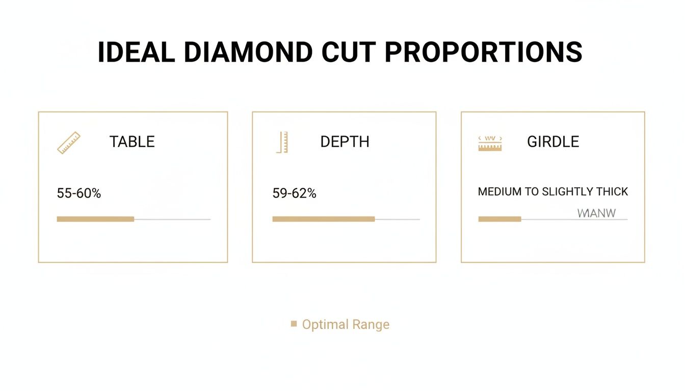 Chart showing ideal diamond cut proportions for table (55-60%), depth (59-62%), and girdle.